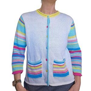 Vintage 90s M White Pastel Colorful Cardigan Sweater Textured Multi-color Spring